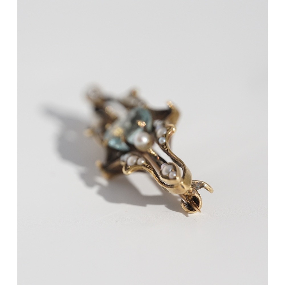 Antique Edwardian 14k Gold Aquamarine Seed Pearl Bar Brooch Art Nouveau c1905 - Picture 5 of 12